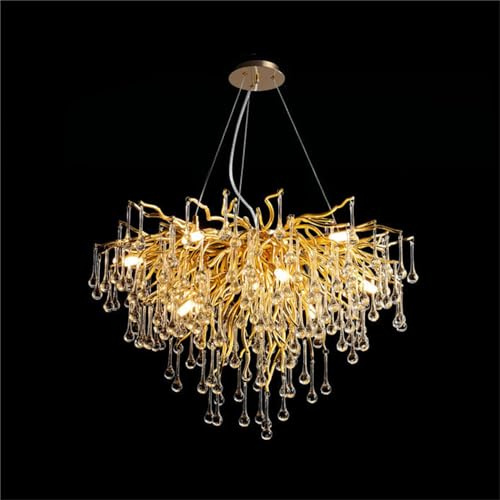 IDHBGJD Moderner Kristall-Kronleuchter, goldene Kronleuchter, mattierter AST-Kronleuchter, hohe Decke, Pendelleuchten über dem Tisch, Kücheninsel, Hängeleuchte für Esszimmer, Wohnzimmer, rund 100 cm