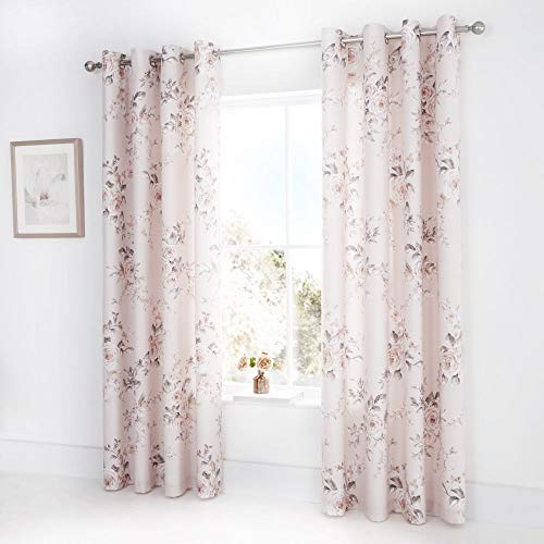 Catherine Lansfield Canterbury Floral 66x72 Inch Lined Eyelet Curtains Two Panels Blush Pink