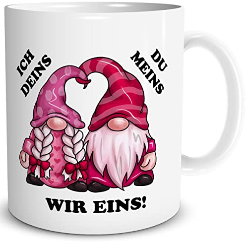 TRIOSK Tasse Zwerge mit Wichtel Spruch Ich Deins Du Meins Valentinstag Sprüche Geschenk lustig für Sie Ihn Männer Frauen verliebte Paare, Keramik 300ml
