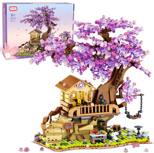 Sitodier Kirschblüten Baumhaus Bausatz, 880pcs Kirschblüten Bonsai Baukasten mit LED Licht für Mädchen Jungen im Alter von 6-14, Blumen Haus Baukasten für Kinder 6 7 8 9 10 11 12+