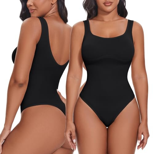SHAPERIN Body Modellante Donna Pancia Piatta Perizoma Bodysuit Snellente Senza Cuciture Body Top con Scollo Quadrato, Nero, S