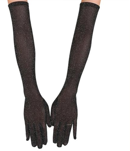 FSSTUD 20er Jahre Glitzer Mesh Handschuhe - Sheer Opera Party, Prom Ellenbogen Länge, Lange Tüll Brauthandschuhe, Abendkostüm, Schwarz, Länge 55cm