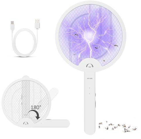 Electric Fly Swatter, Fly Zapper, Fly Catcher, 3000V USB Rechargeable Fly Zapper, 2-in-1 Fly Killer Racket with Mosquito Killer Lamp, Foldable Bug Zapper for Indoor Outdoor
