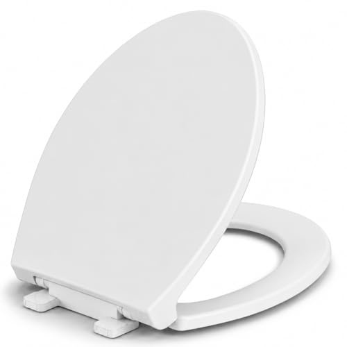 Elongated Toilet Seat, 18.5” Soft/Slow Close Oval (Oblong) Toilet Seat for Elongated Toilets, No-Slam Quiet-Close Lid, Easy-to-Install & Clean, Durable Never-Loosen White Plastic Seat
