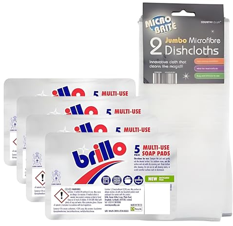 Complete Kitchen Cleaning Set: 4 Heavy-Duty Brillo Pads for Tough Scrubbing with 2 Ultra-Absorbent Microfiber Dishcloths for a Streak-Free Shine and Superior Cleaning Performance
