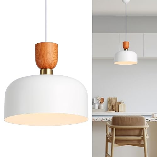 Alpinaluz Lámpara Colgante de Techo – Acero Blanco con Pintura Imitación Madera, Anillo Decorativo Dorado, Pantalla de 30cm, Portalámpara E27 – Diseño Elegante para Salón, Comedor y Dormitorio