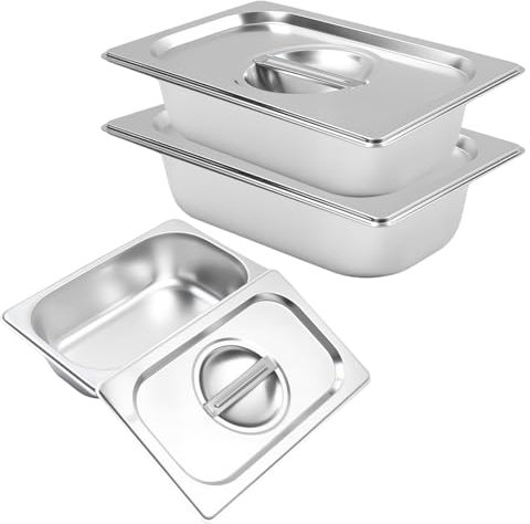 Gemsaya 3PCS Stainless Steel Gastronorm Pan 1/4 with Lid, Stainless Steel Food Containers with Lid, Capacity: 1700ml, Deep Food Container Storage Box, 26.5 x 16.5 x 6.5 cm, Silver