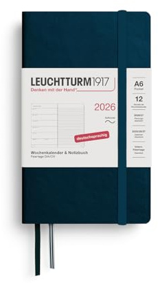 LEUCHTTURM1917 372517 veckokalender och anteckningsbok ficka (A6) 2026, 12 månader, mjukt skydd, djuphavsblå, tyska