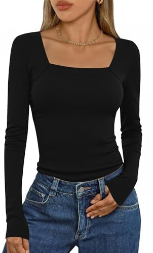 Aottori Tee Shirt Femme Col Carré Manches Longues Côtelé Couleur Unie | Texture côtelée visible; coupe ajustée pour une silhouette simple; se porte avec un jean, une jupe ou sous une veste