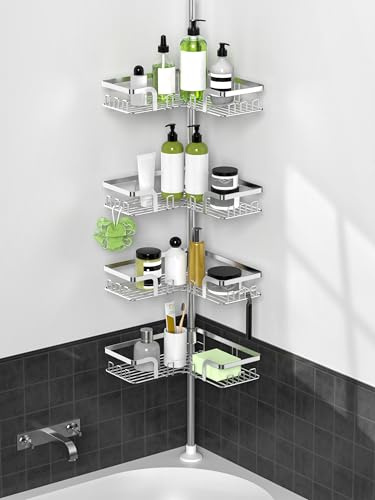 KEGII Estanteria Telescopica Baño - Estanteria Baño 4 Estante Ducha, justable 63.5-290 cm para Esquina o Bañera, Plata