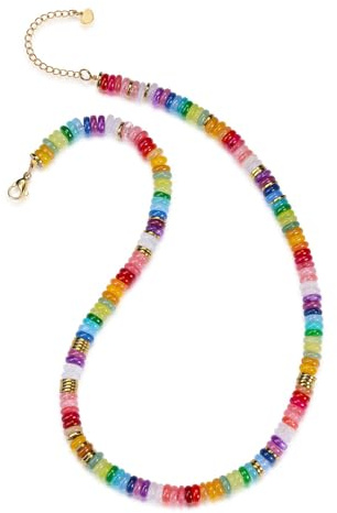 Jovivi Chakra Gemstone Beaded Choker Necklace for Women, Natural Healing Crystals Colorful Beads Stone Necklace 14K Gold Plated Summer Beach Handmade Boho Jewelry