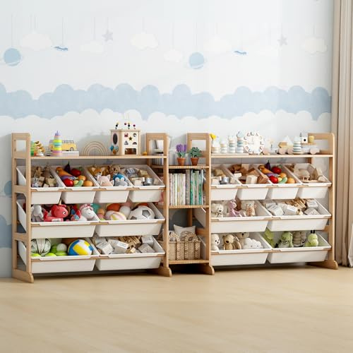 Wumagin Organizador Juguetes de Madera Maciza con 16 Caja de Almacenamiento, Librería Infantil Montessori, Organizador de Libros y Juguetes (188x80x34 CM)