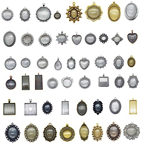 Julie Wang 20 Sets sortierte antik farbige Fassung Lünette Tablett Anhänger Rohlinge mit Glasabdeckung Cabochon - keine Duplikate