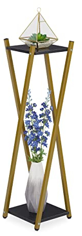 Relaxdays Blumenständer, 2 Etagen in Marmoroptik, Metall, modern, hoher Blumenhocker, HBT: 99 x 29 x 29 cm, Gold/schwarz