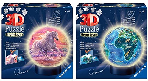 Ravensburger 3D Puzzle 11843 - Nachtlicht Puzzle-Ball Pferde am Strand - 72 Teile - ab 6 Jahren & 3D Puzzle 11844 - Nachtlicht Erde bei Nacht - 72 Teile - Puzzle-Ball Globus ab 6 Jahren