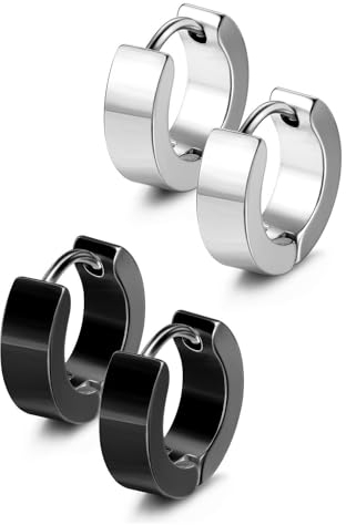 Ozmw 2 Paar Creolen Ohrringe,Klappcreolen Schwarz silber Matt, Herren/Damenohrringe(1 Paar Schwarz, 1 Paar silber)