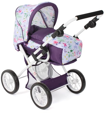 Bayer Chic 2000 - Puppenwagen Leni, 2in1 Kombipuppenwagen mit herausnehmbarer Tragetasche, Kinderwagen für Puppen bis 46 cm Größe, Flowers lila, 64 x 37 x 68 cm