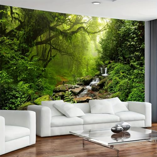 Arsey Tapisserie murale motif forêt, arbre, cascade, brouillard, herbe, paysage naturel, décoration bohème, pour chambre à coucher, vert, extra large, 300 x 180 cm