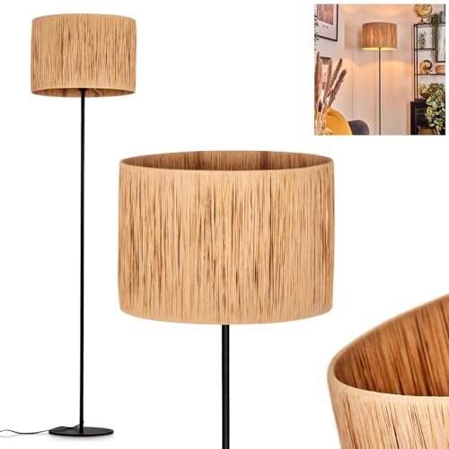 HOFSTEIN golvlampa Granja, golvlampa i metall/bast i svart/naturfärg, lampa i skandinavisk design med rund skärm (Ø 40 cm) och fotbrytare, höjd 158 cm, 1 x E27, utan glödlampa