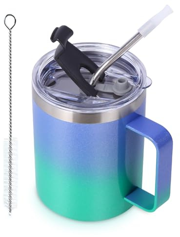 Volhoply Taza de café aislada a prueba de fugas de 12 onzas con tapa abatible y pajita, vaso de viaje de acero inoxidable al vacío de doble pared con asa, tazas reutilizables para acampar que