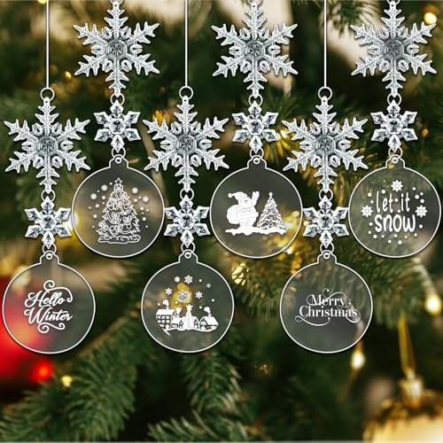 SUNYOK 36pcs Decoración Colgante para árbol de Navidad Adornos Navidad Copos de Nieve de acrílico Cristal Transparente Colgantes navideños con Disco Redondo Cuerda Fiesta Puertas Ventanas escaparates