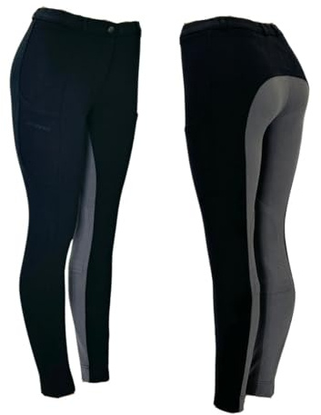 Autumnn Equestrian Damen Reithose Jodphurs Jods Weich Dehnbar Reithose Hose 4-Wege-Stretch mit Kniebesatz, schwarz / grau, 32 W