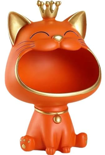 MiniGlypture Figura de gato de la suerte, escultura de almacenamiento, casa para la entrada, gato riendo, caja de almacenamiento, caja de almacenamiento de llaves (naranja)