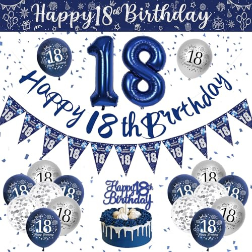 VICTERR Decoración de cumpleaños número 18 para niños, pancarta azul y plateada de ¡feliz cumpleaños número 18, globos, confeti, decoración para tartas, cinta