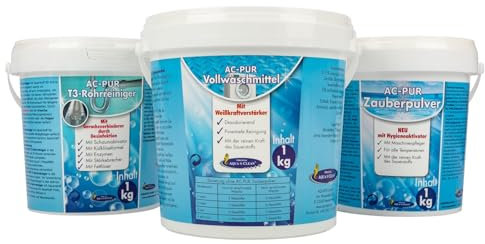 AQUA CLEAN Probierset 3tlg. AC PUR Zauberpulver 1kg, AC-PUR Vollwaschmittel 1kg & AQUA CLEAN PUR T3 - Rohrreiniger 1kg