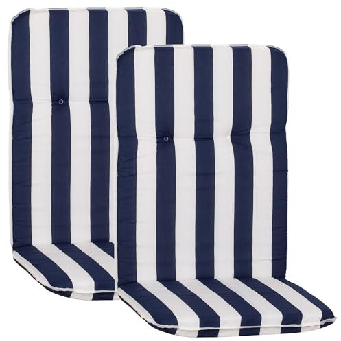 NYVI Hochlehner Auflagen Hawaii 2er Set - 114x47 cm Blau Weiß Gestreift - Gartenmöbel Auflage mit 5 cm Polster und Gummi-Halteband