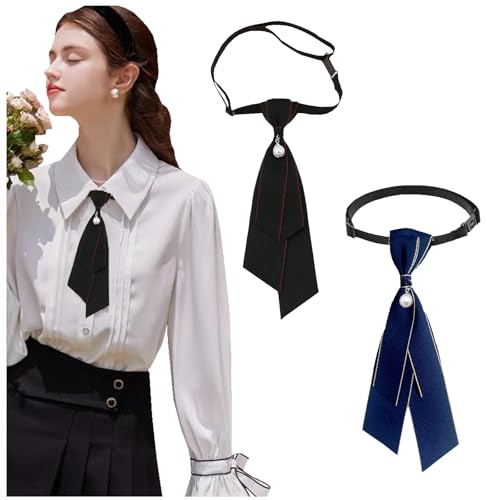 NiceYnn 2pcs Women Pre-Tied Pearl Bowtie, Adjustable Elastic Collar Necktie Elegant Detachable Bowknot Ribbon Bow Tie for Wedding Banquet Party Ball Club Girl Lady Suit Uniform Shirt Black Blue