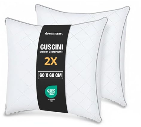 Cuscini Letto 60x60 cm Set di 2 Cuscino Morbidi e Confortevoli, Qualità Alberghiera di Lusso, Traspiranti e Anallergici, Ideali per Chi Dorme di Lato, sulla Schiena e a Pancia in Giù, Lavabili