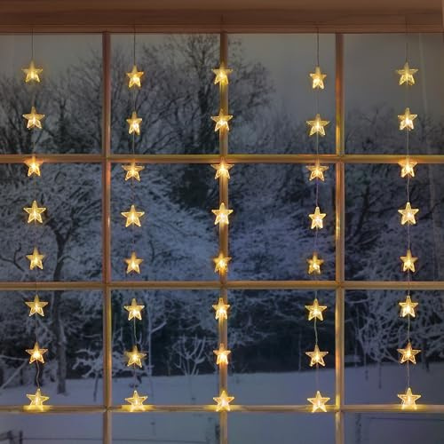 CHRISTOW Christmas Curtain Lights for Windows 1m x 1m, 40 Acrylic Warm White LED Star Pendants, Battery Operated with Timer, Indoor & Outdoor, Home Garden Xmas Fairy String Lighting