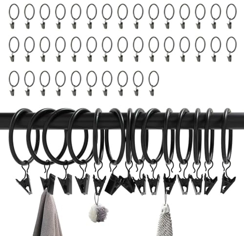 MUNTE 40 Piezas Anillas para Cortinas Negro, Ganchos Cortinas con Clip de Hierro, Anillo Porta Tela con Clip con Un Diámetro Interior de 32 mm, Adecuado para Dormitorio, Sala y Comedor
