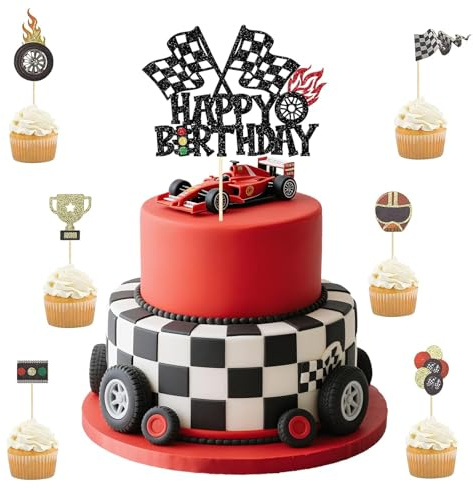 Raheem 7 stycken racerbilar tårtor toppset 1 st Happy Birthday-tårtdekoration med rutig flagga 6 stycken racingbil cupcake toppers bil tårtdekoration för barn födelsedag, racingtema festtillbehör