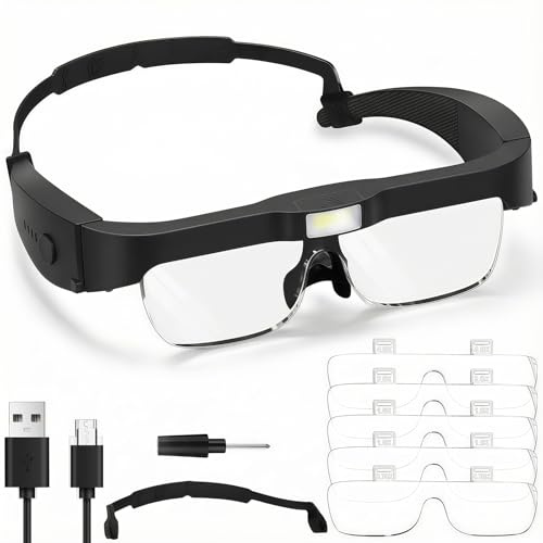AMFUN Lenti D'ingrandimento con Luce Led, Regolabile Mani Libere Auricolare Magnifier, Lente Ingrandimento per Lettura, Ricamo e Lavori Ravvicinati, 5 Lenti 0.75X, 1X, 1.5X, 2.5X, 4X (Nero)