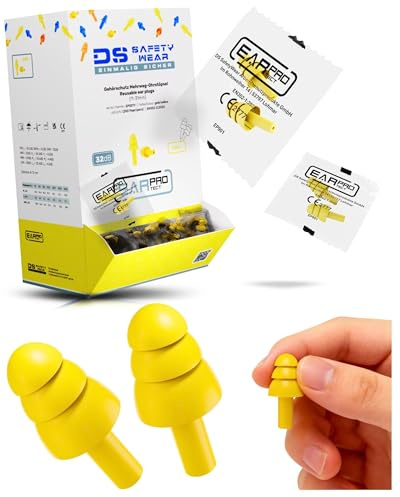 Bouchons d'oreilles réutilisables en silicone SNR 32 dB - Protection contre le bruit pour chantier et industrie - Protection auditive pour adultes - Conforme à la protection du travail, jaune, 200