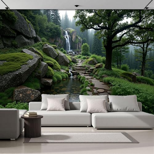 Papel Pintado Sereno Bosque Paisaje 366An×256Al cm Efectos 3D Papel Tapiz, Natural Cascada Fotográfico Tejido No Tejido XXL Póster Fotomurales Pared Para Dormitorio Salón Murales