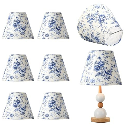 Set di 8 paralumi a clip, in tessuto blu/bianco, 15 x 13 x 7,5 cm, design floreale, moderno, stile semplice, per lampade a candela, lampadari, lampade da tavolo, lampada da parete, soggiorno, camera