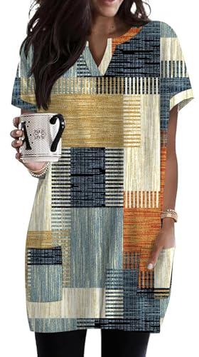Rapbin Tunic Tops for Women Short Sleeve Loose V Neck Shirts with Pockets