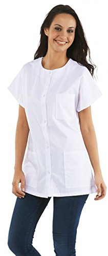 KODAMA - Tunique Médicale Femme Col Rond -Blanche, Manche Courte- Blouse Professionnel Boutons Pression – Facile d'entretien (Taille 0 - XS - 34/36)