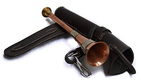 John Shooter - Custodia in pelle marrone con corno e briglia da caccia in rame e ottone, motivo: volpe