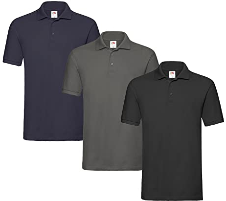Fruit of the Loom 3er Premium Herren Polo-Shirt M L XL 2XL 3XL auch Farbsets (1Schwarz1Anthrazit1DeepNavy + 1 HL Kauf Notizblock, L)