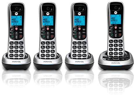 Motorola CD4014 DECT 6.0 Cordless Phone with Answering Machine and Call Block, Silver/Black, 4 Handsets