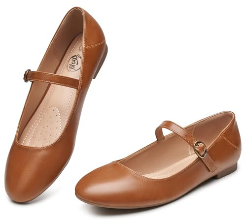 Trary Mary Jane Ballet Flats, Black Flats for Women, Ankle Strap Dressy Comfortable Flats, Brown, 8