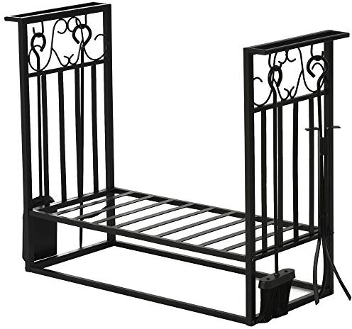 HOMCOM Porte-bûches range bûches étagère à bois de cheminée serviteur de cheminée multi-accessoires dim. 75L x 30l x 60H cm acier noir