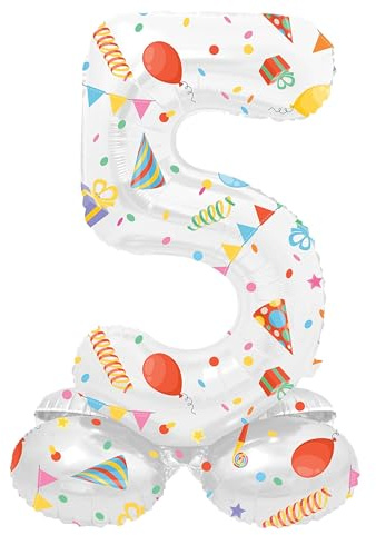 Folat 63965 Luftballon Geburtstag Stehender Ziffer Zahl 5 Joyful Party Weiß mit Geschenke und Dekoration 72 cm - Decoration Geburtstagdeko, Ballon Zahl, Kein Helium erforderlich