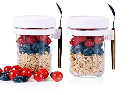 Eidoct Overnight Oats Container 2-Pack, Overnight Oats Jars with Lid and Spoon 10 oz Cereals, Milk, Fruit Salad, with Measurement Mark (2pcs white)