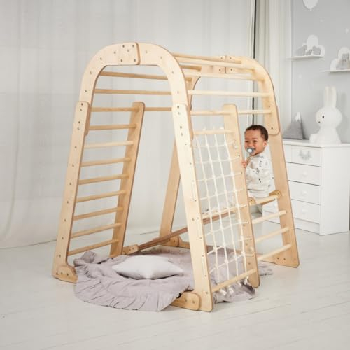 Wooden Kids Climbing Frame Indoor – Montessori Playground with Slide, Climbing Wall, Rope Ladder – Montessori Gym for Children Ages 3 to 8