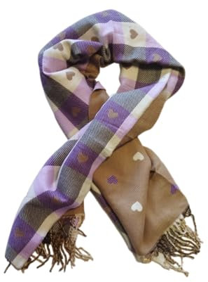 Seaside No.64 - XXL Wendeschal Herzenssache - kuschelig weiches Halstuch mit Herzen und Fransen - in braun & beige kombiniert mit kariertem & gestreiften Muster für Herbst, Winter, Frühling (lila)